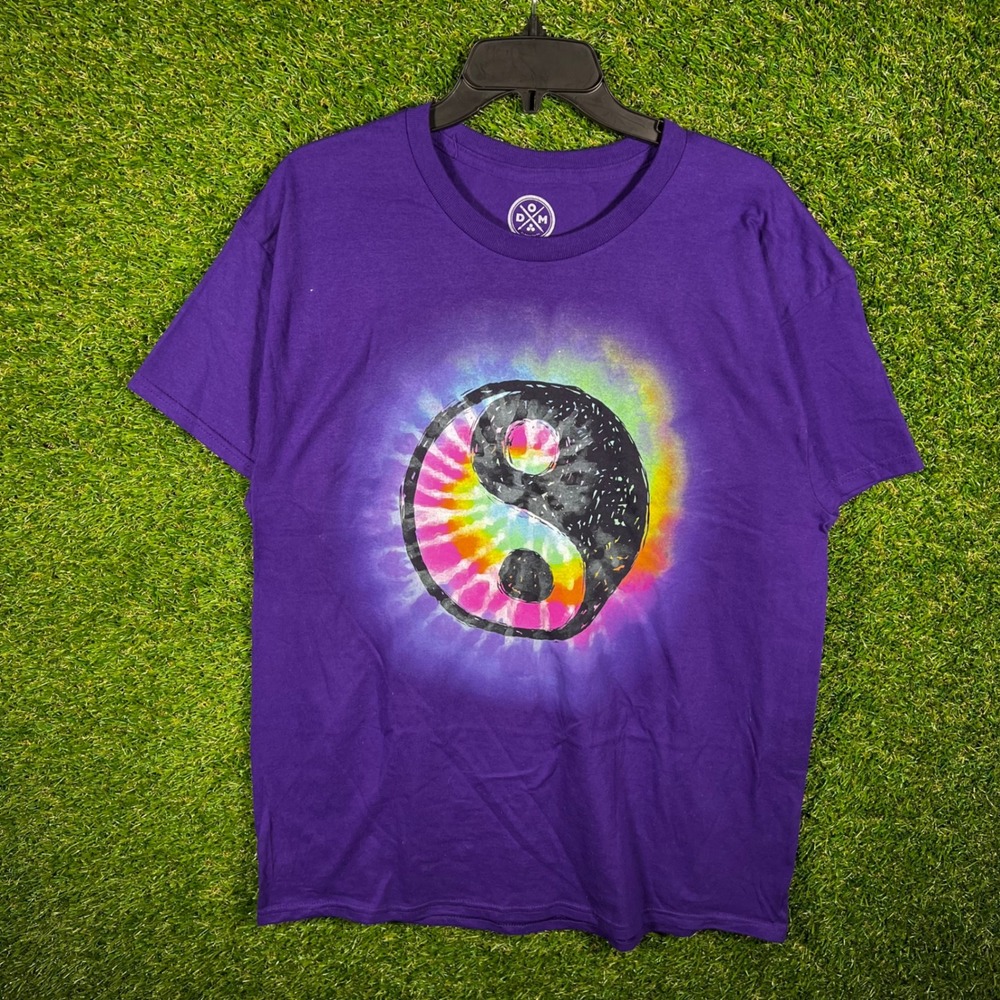 DOM Purple Yin Yang‎ Tie Dye Graphic T-Shirt Mens Large Short Sleeve Cotton Tee